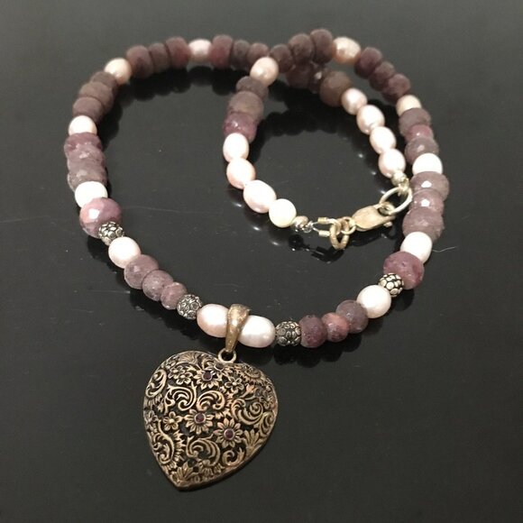 Genuine Ruby Gemstone Pearl Heart 925 Victorian Sterling Silver Necklace Pendant - Picture 10 of 10